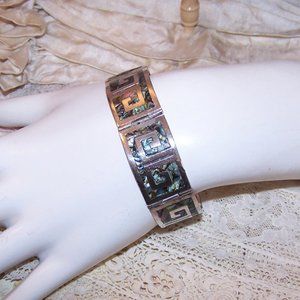 Los Ballesteros Sterling Silver Abalone Inlay Link Bracelet - Greek Key Design